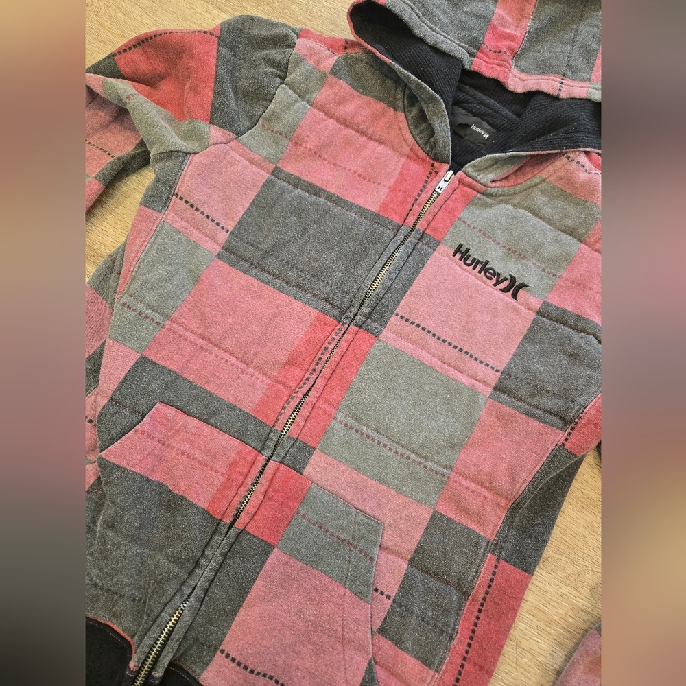 Hurley Red & Black Plaid Thermal Zip Up Hoodie - Youth Size Large
